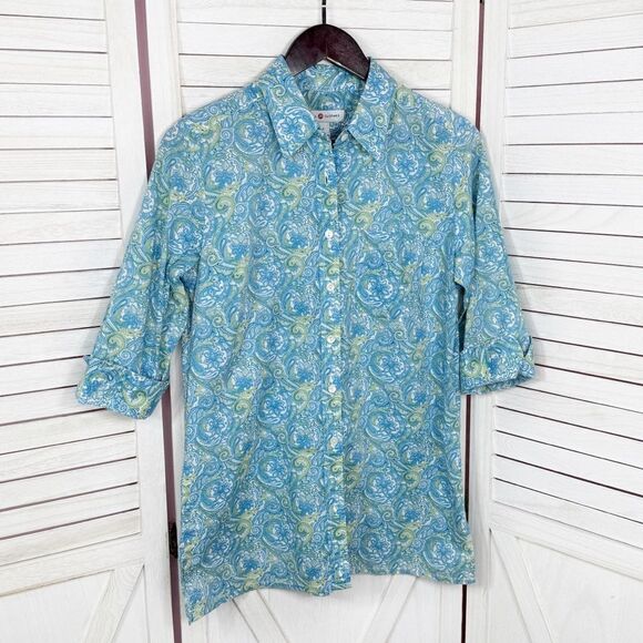 Real Clothes Saks Fifth Ave Paisley Button Up Shirt Green Blue 4 - Picture 7 of 11